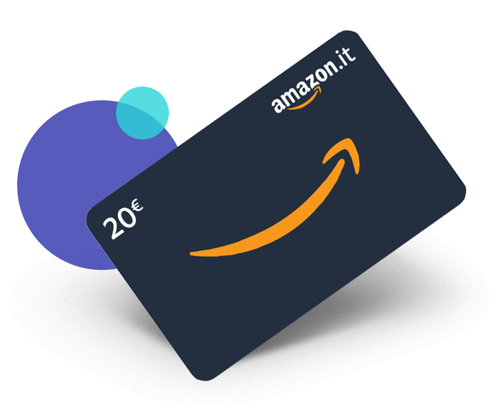 buono regalo Amazon da 20 euro su sfondo scuro con il caratteristico logo Amazon (freccia arancione). Elementi grafici blu completano il design coordinato della campagna.