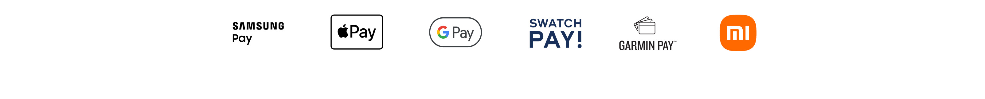 Loghi dei sistemi di pagamento digitale supportati: Samsung Pay, Apple Pay, Google Pay, Swatch Pay, Garmin Pay e Xiaomi