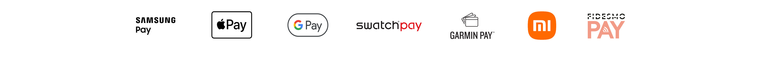 Loghi dei sistemi di pagamento digitale supportati: Samsung Pay, Apple Pay, Google Pay, Swatch Pay, Garmin Pay e Xiaomi