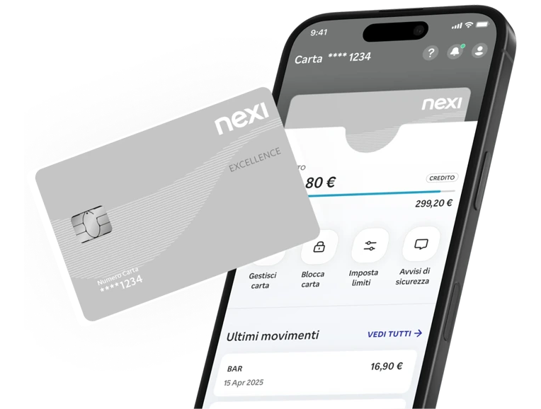 Immagine promozionale su sfondo blu . Al centro si vede uno smartphone che mostra l'interfaccia dell'app Nexi con il saldo carta (299,20€) e la sezione "Ultimi movimenti". Accanto al telefono è posizionata una carta di credito blu Nexi con chip contactless, numero parzialmente visibile e intestata a "Rossi Mario".