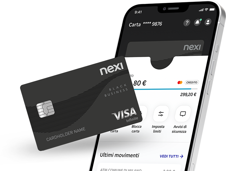 Immagine promozionale su sfondo blu . Al centro si vede uno smartphone che mostra l'interfaccia dell'app Nexi con il saldo carta (299,20€) e la sezione "Ultimi movimenti". Accanto al telefono è posizionata una carta di credito blu Nexi con chip contactless, numero parzialmente visibile e intestata a "Rossi Mario".