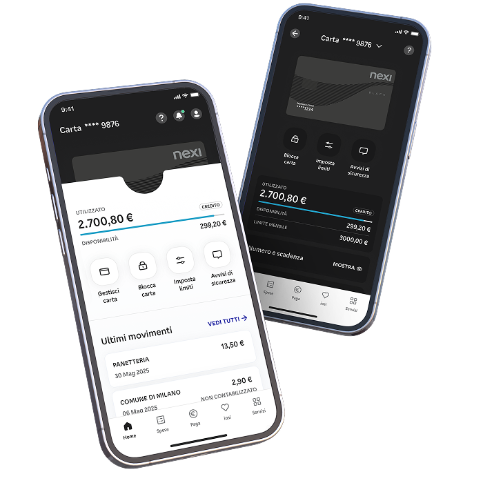 Immagine di due iPhone affiancati che mostrano schermate diverse dell'app mobile Nexi su sfondo bianco. Smartphone di sinistra: mostra la schermata principale dell'app con header blu contenente "Carta ****9876" e il logo Nexi. Il saldo utilizzato è di 2.700,80€ con disponibilità di 299,20€. Sotto sono presenti quattro icone di gestione: "Gestisci carta", "Blocca carta", "Imposta limiti" e "Avvisi di sicurezza". Nella sezione "Ultimi movimenti" si vedono due transazioni: "LEROY MERLIN" del 13 ottobre 2024 per 213,50€ e "DOLCI STORIE" per 2,50€. La barra di navigazione in basso mostra le sezioni Home, Spendi, Privi e Altro. Smartphone di destra: presenta una vista più dettagliata della carta con interfaccia prevalentemente blu. Mostra il numero di carta parzialmente oscurato, il saldo utilizzato di 2.700,80€, disponibilità 299,20€ e limite mensile 299,20€. Sono visibili le stesse funzioni di gestione carta e la sezione "Ultimo a scadenza". Entrambe le schermate hanno l'ora 9:41 e segnale pieno, dimostrando l'interfaccia user-friendly dell'app bancaria Nexi.
