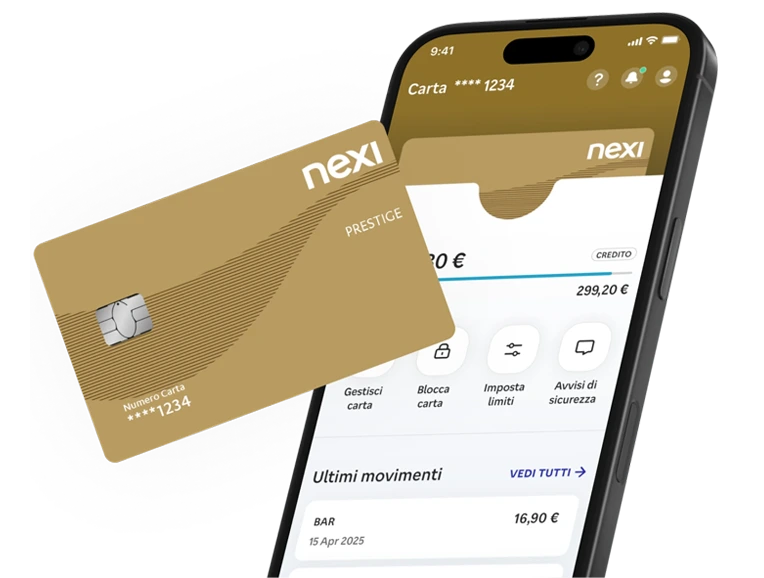 Immagine promozionale su sfondo blu . Al centro si vede uno smartphone che mostra l'interfaccia dell'app Nexi con il saldo carta (299,20€) e la sezione "Ultimi movimenti". Accanto al telefono è posizionata una carta di credito blu Nexi con chip contactless, numero parzialmente visibile e intestata a "Rossi Mario".